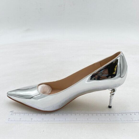 YDN Silver Pointed Closed Toe Mid Heel Pumps Cane Slip On Stilettos Slide Shoes - Picture 2 of 8